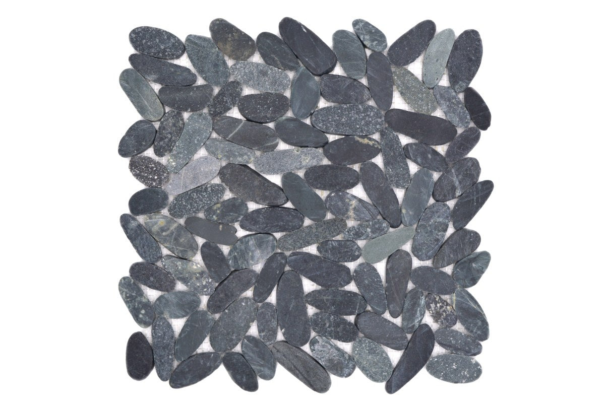 Riverstone Black Flat Cut Pebble Mosaic 300mm x 300mm - Luxury Tiles UK