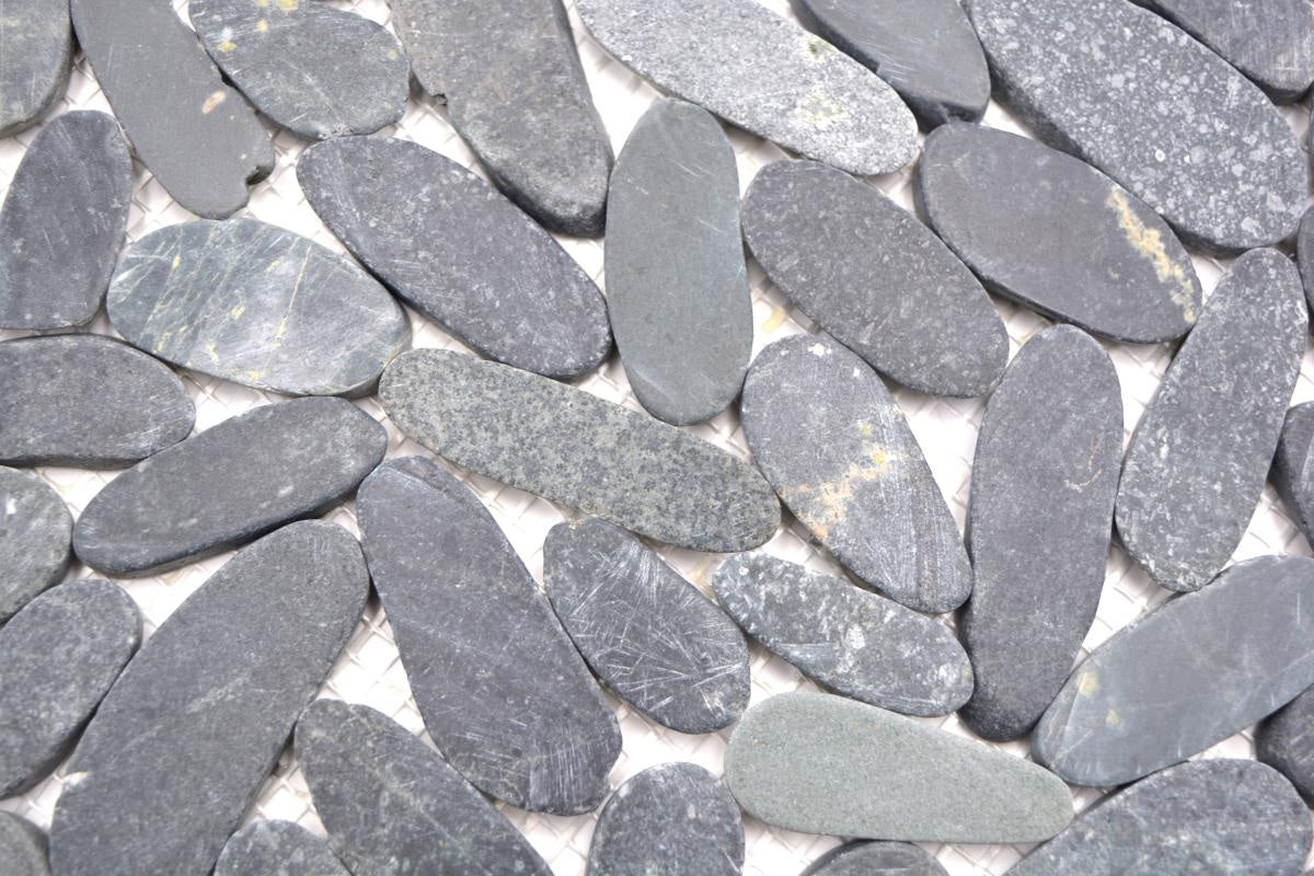 Riverstone Black Flat Cut Pebble Mosaic 300mm x 300mm - Luxury Tiles UK